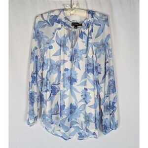 Harper 241 Blouse L Women's White Floral Sheer Long Sleeve Tie Neck Lightweight